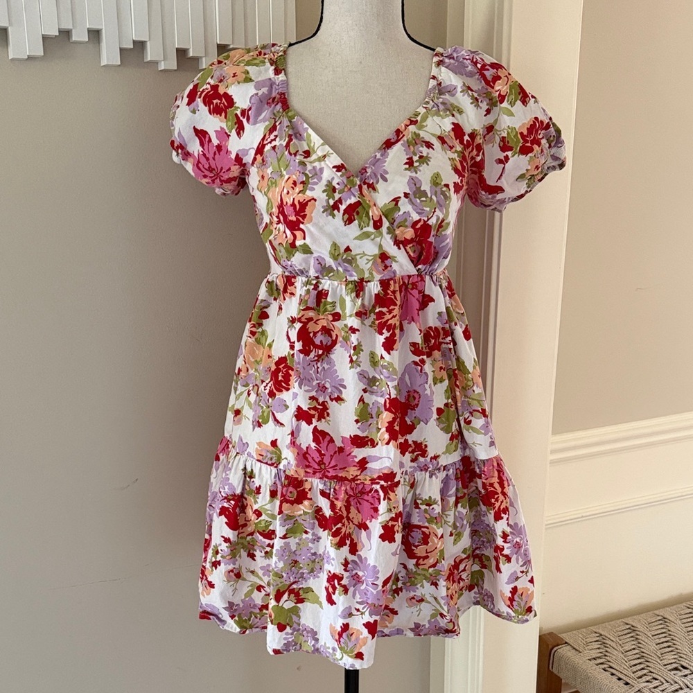 Jessica Simpson Floral Puff Sleeve Mini Dress Open Back Bow Cottagecore Size M